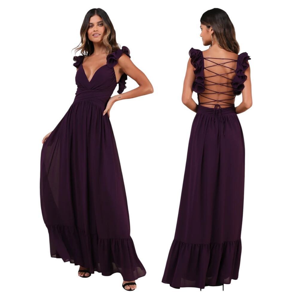 Lulus Soiree Celebration Purple Ruffled Lace-Up Maxi Dress Size Large